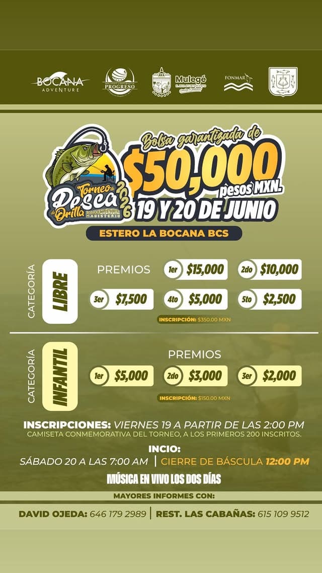Flyer oficial del Torneo de Orilla Bocana Adventure 2026: bolsa garantizada $50,000 MXN, 19 y 20 de junio en Estero La Bocana, BCS.